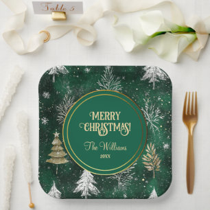 Plato De Papel Pinos dorados Copos de nieve plateados Hunter Gree