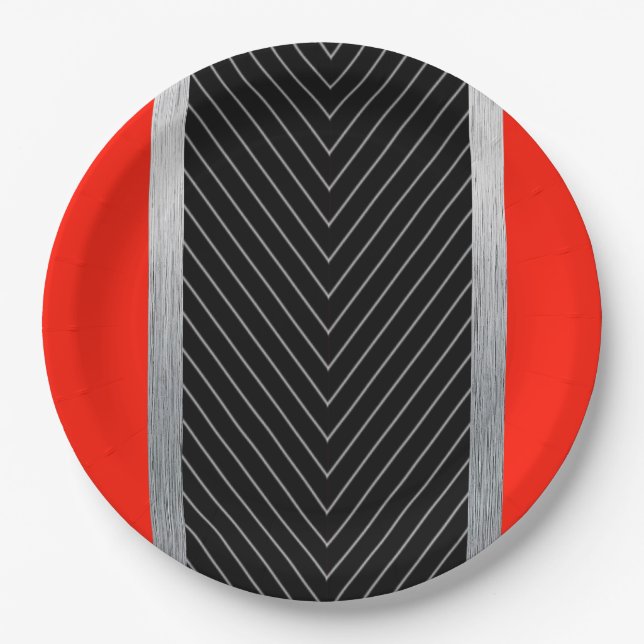 Plato De Papel Pinstripe rojo, negro, negro y blanco (Anverso)