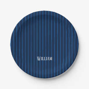 Plato De Papel Pinstripes azul marino personalizadas