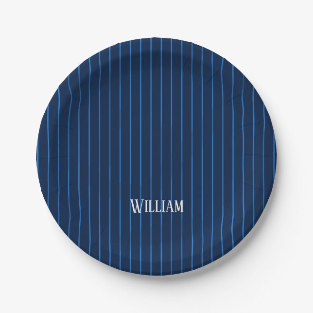 Plato De Papel Pinstripes azul marino personalizadas (Anverso)