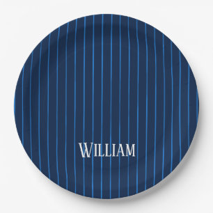 Plato De Papel Pinstripes azul marino personalizadas