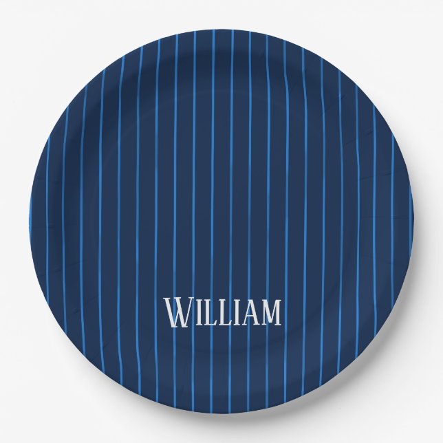Plato De Papel Pinstripes azul marino personalizadas (Anverso)