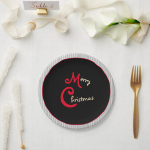 Plato De Papel Pinstripes blancas grises negro con arco rojo