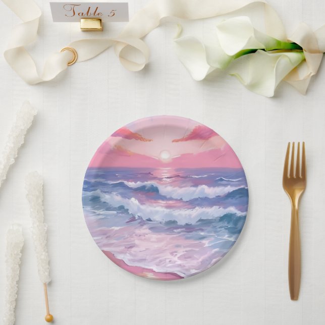 Plato De Papel Pintada orilla oceánica rosa (Boda)