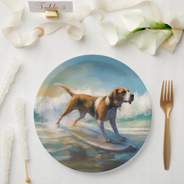 Plato De Papel Pintado americano de Surf Engligh Foxhound Beach (Boda)