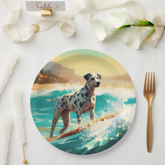 Plato De Papel Pintado de Dalmation Beach Surfing (Boda)