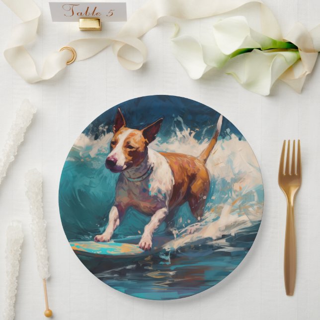 Plato De Papel Pintado de surf Bull Terrier Beach (Boda)