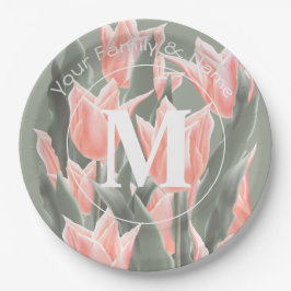 Plato De Papel Pintado de tulipanes de color monograma