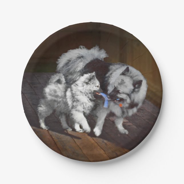 Plato De Papel Pintado Keeshond Playtime - Arte Perro Original. (Anverso)