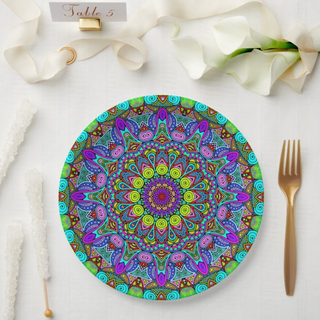 Plato De Papel Pintado manual Mandala Clock Face 4 (Boda)