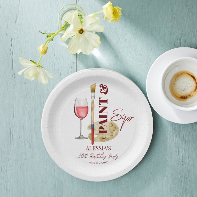 Plato De Papel Pintar y sorber fiesta con tema artístico (Paint and sip wine and art themed party personalized printed paper plates template )