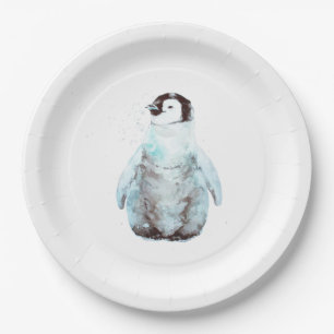 Plato De Papel Pintura al Acuarela de Pingüino Emperador Pequeño