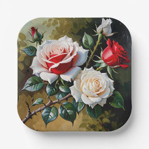 Plato De Papel Pintura al óleo de rosas rosadas blancas y rojas b