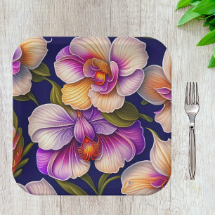 Plato De Papel Pintura botánica de orquídeas púrpuras