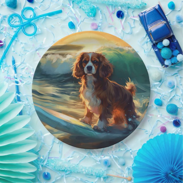 Plato De Papel Pintura Cavalier King Beach para surf (Fiesta)