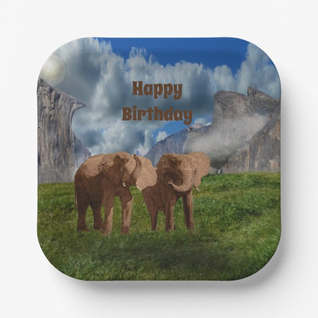 Plato De Papel Pintura de aceite con Dúo de Elefante, Placas de p (Anverso)