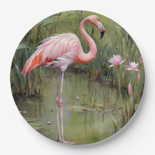 Plato De Papel Pintura De Aceite De Flamingo Rosa Y Láminas De Ag