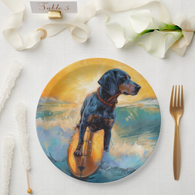 Plato De Papel Pintura de Bluetick Coonhound Beach Surfing (Boda)