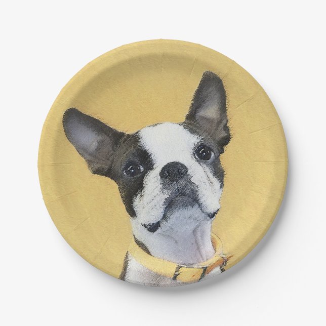 Plato De Papel Pintura de Boston Terrier - Arte de Perro Original (Anverso)