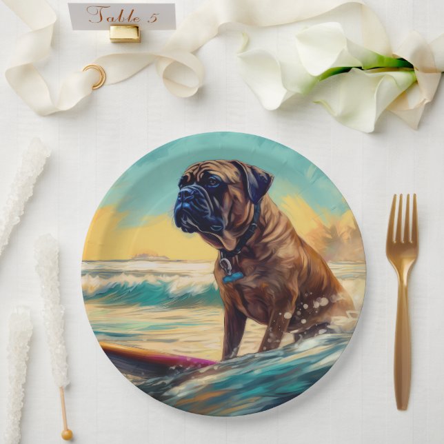 Plato De Papel Pintura de Bullmastiff Beach Surfing (Boda)