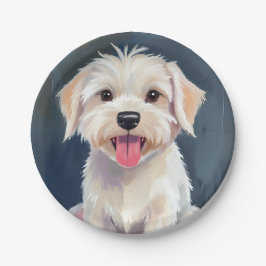 Plato De Papel Pintura de cachorro maltés perro blanco