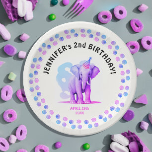 Plato De Papel Pintura de elefante pequeño rosa púrpura femenino