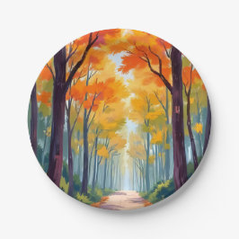 Plato De Papel Pintura de follaje de otoño de camino de otoño