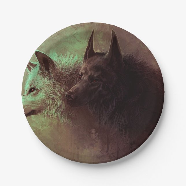 Plato De Papel Pintura de lobo negro y lobo blanco. (Anverso)