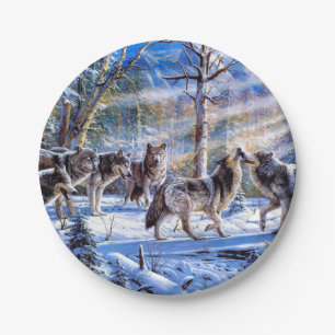 Plato De Papel Pintura de lobos grises
