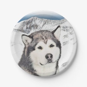 Plato De Papel Pintura de Malamute en Alaskan - Arte original del