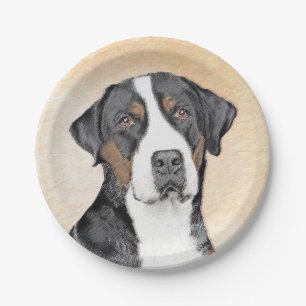 Plato De Papel Pintura de perro de la montaña suiza - Arte origi