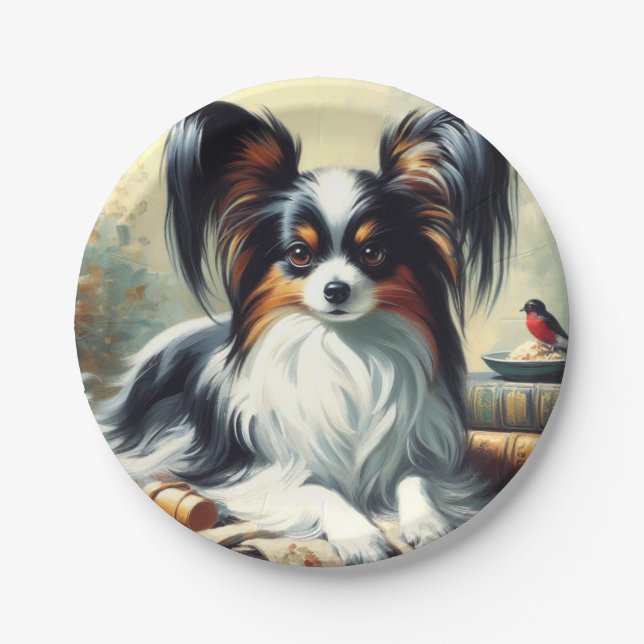 Plato De Papel Pintura de perro de Papillon de época (Anverso)