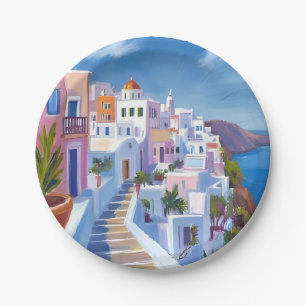 Plato De Papel Pintura de Santorini Grecia Acuarela Viaje