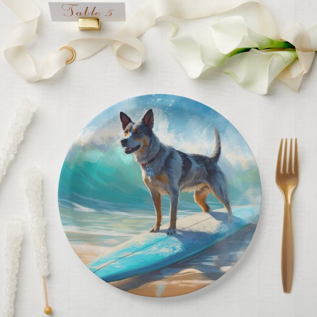 Plato De Papel Pintura de surf Blue Heeler Beach (Boda)