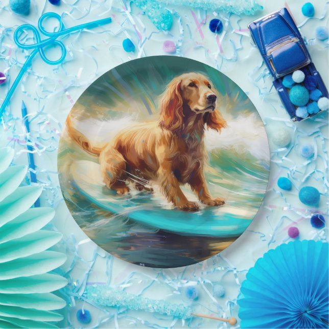 Plato De Papel Pintura de surf Cocker Spaniel Beach (Fiesta)