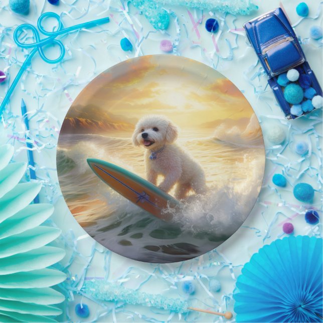 Plato De Papel Pintura de surf de Bichon Frise Beach (Fiesta)