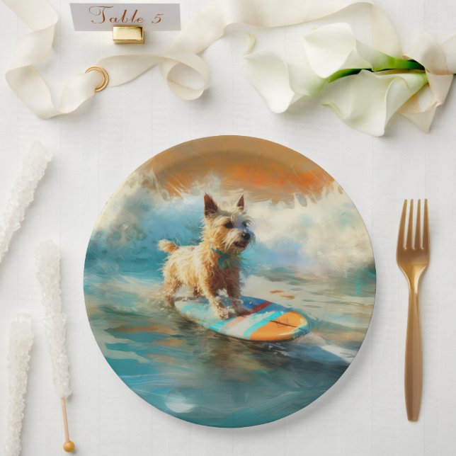 Plato De Papel Pintura de surf de Biewer Terrier Beach (Boda)