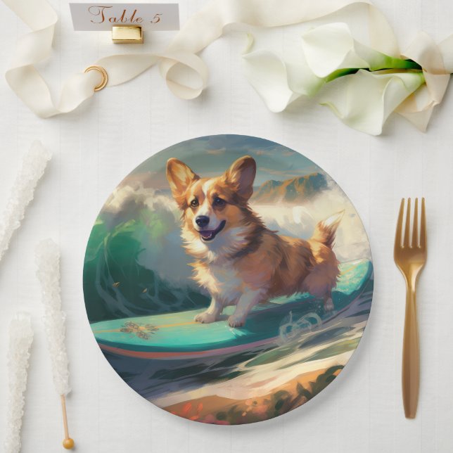 Plato De Papel Pintura de surf de Corgi Beach (Boda)