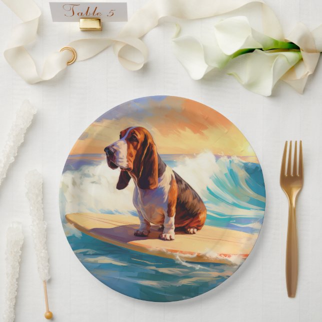 Plato De Papel Pintura de surf en Basset Hound Beach (Boda)