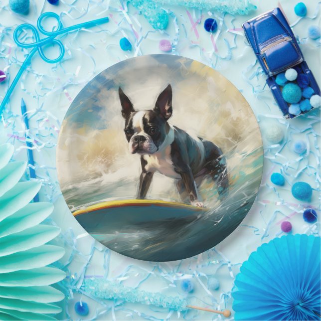 Plato De Papel Pintura de surf en Boston Terrier Beach (Fiesta)