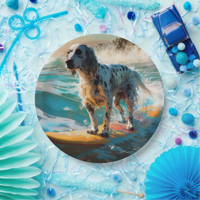Plato De Papel Pintura de surf en English Setter Beach (Fiesta)