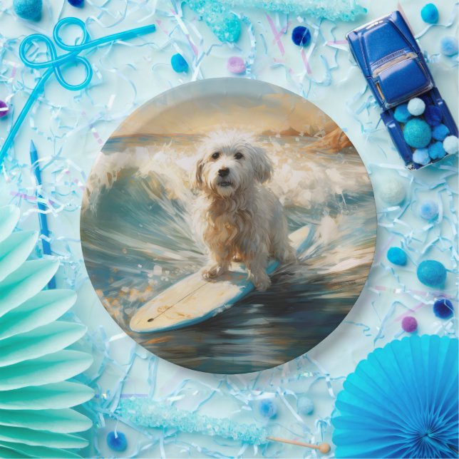 Plato De Papel Pintura de surf en la playa de Coton De Tulear