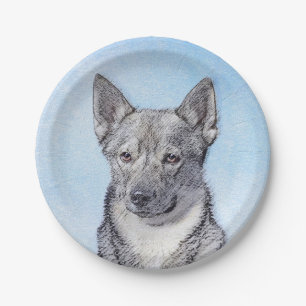 Plato De Papel Pintura de Vallhund Sueca - Arte Perro Original Cu