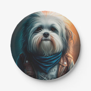 Plato De Papel Pintura digital de perro Havanés en bicicleta