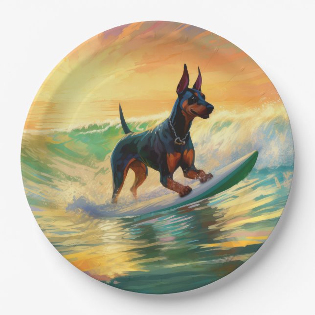 Plato De Papel Pintura Doberman Beach Surfing (Anverso)