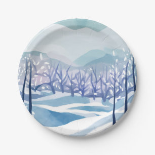 Plato De Papel Pintura en acuarela azul nevado del país de las ma