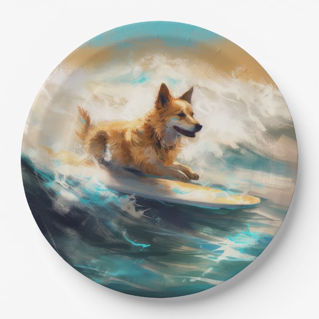 Plato De Papel Pintura finlandesa de Lapphund Beach Surfing (Anverso)