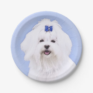 Plato De Papel Pintura maltesa - Arte de perro original muy lindo