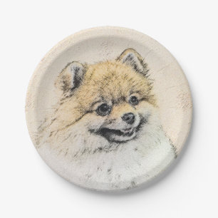 Plato De Papel Pintura Pomerania (Naranja) - Arte Perro Original