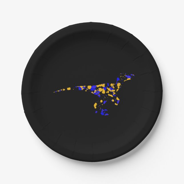 Plato De Papel Pintura salpicada de Raptor Azul Amarillo  (Anverso)